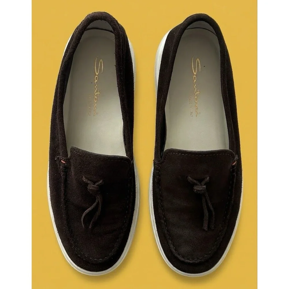Santoni Suede Loafers Mens 8.5 UK 9.5 US Brown Tassel Slip On Driving Shoes
